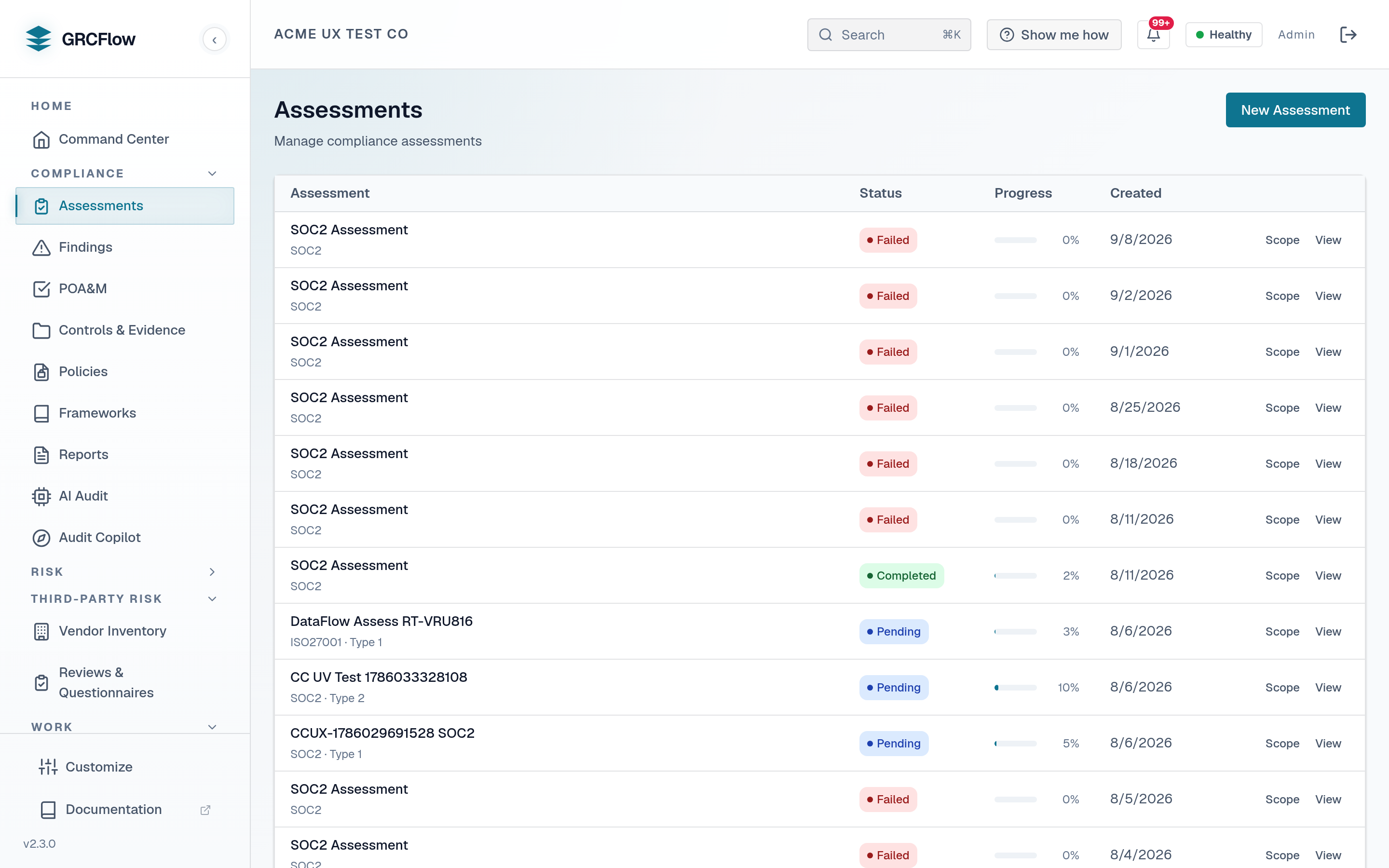 The GRCFlow assessments list showing compliance assessments per framework with status, progress and creation date.