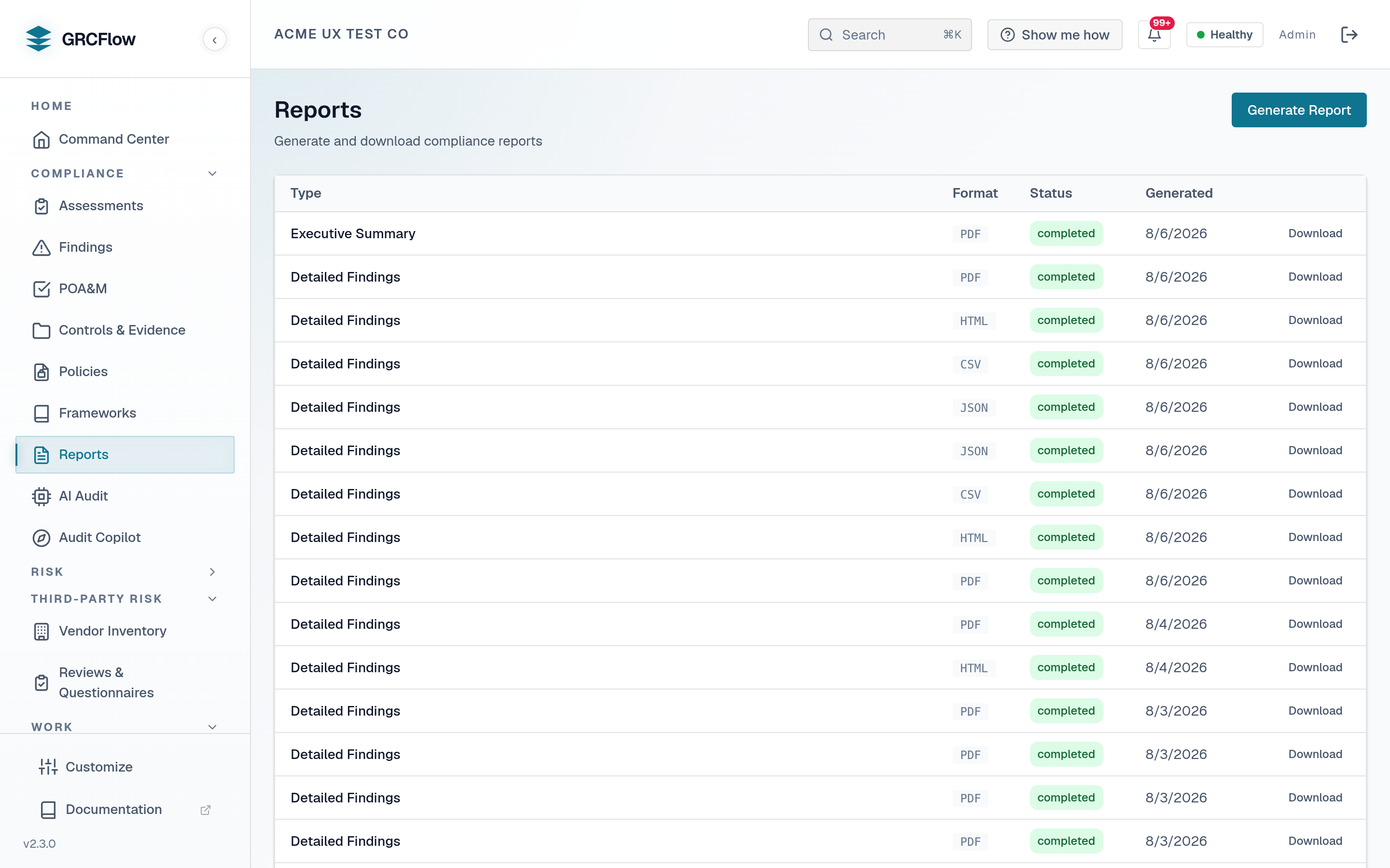 The GRCFlow reports screen offering detailed findings, gap analysis and executive summary reports as generated PDF downloads.