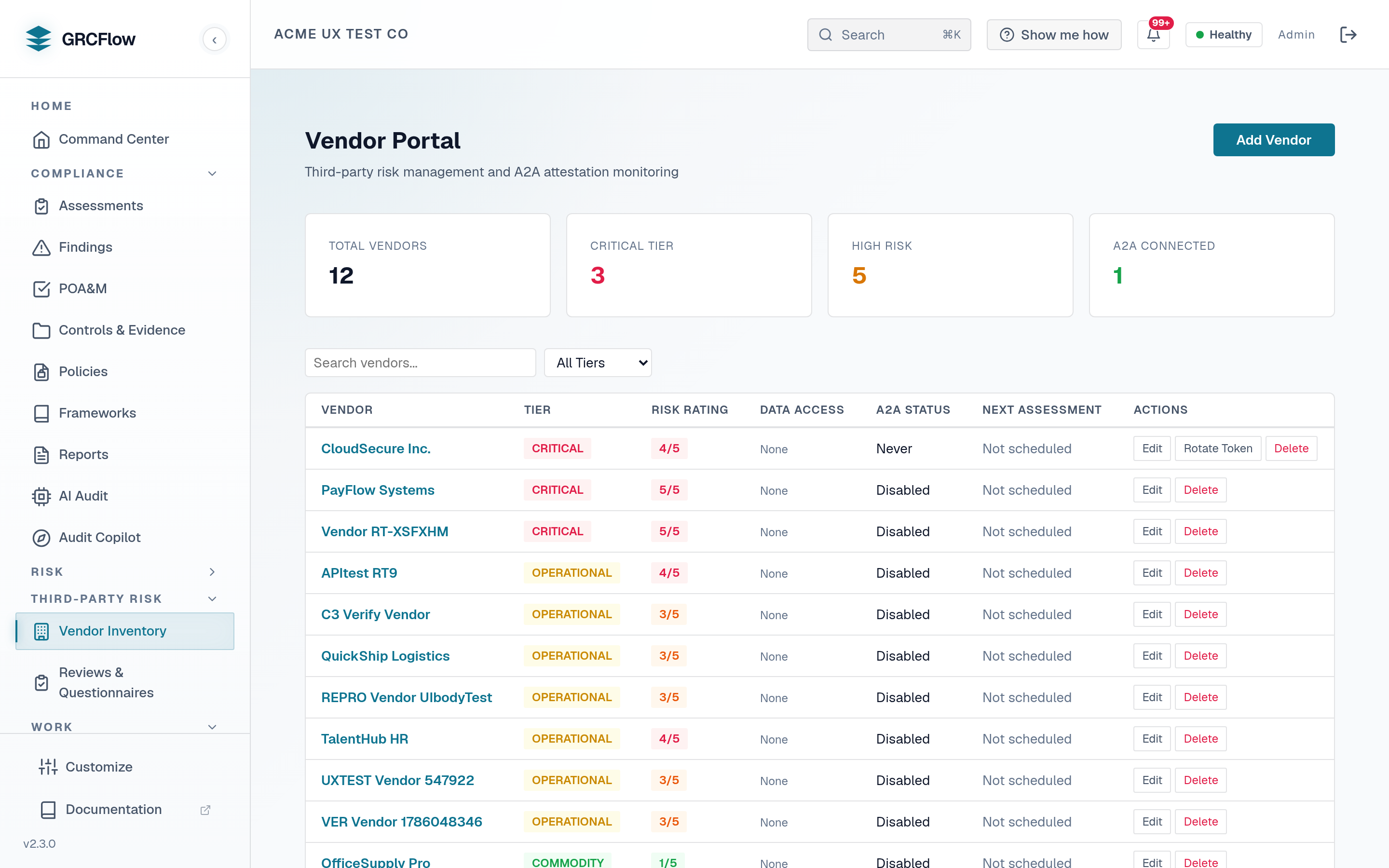 The GRCFlow Vendor Portal, subtitled third-party risk management and A2A attestation monitoring: tiles for total vendors, critical tier, high risk and A2A connected, above a vendor table with tier, risk rating, A2A status and next assessment.