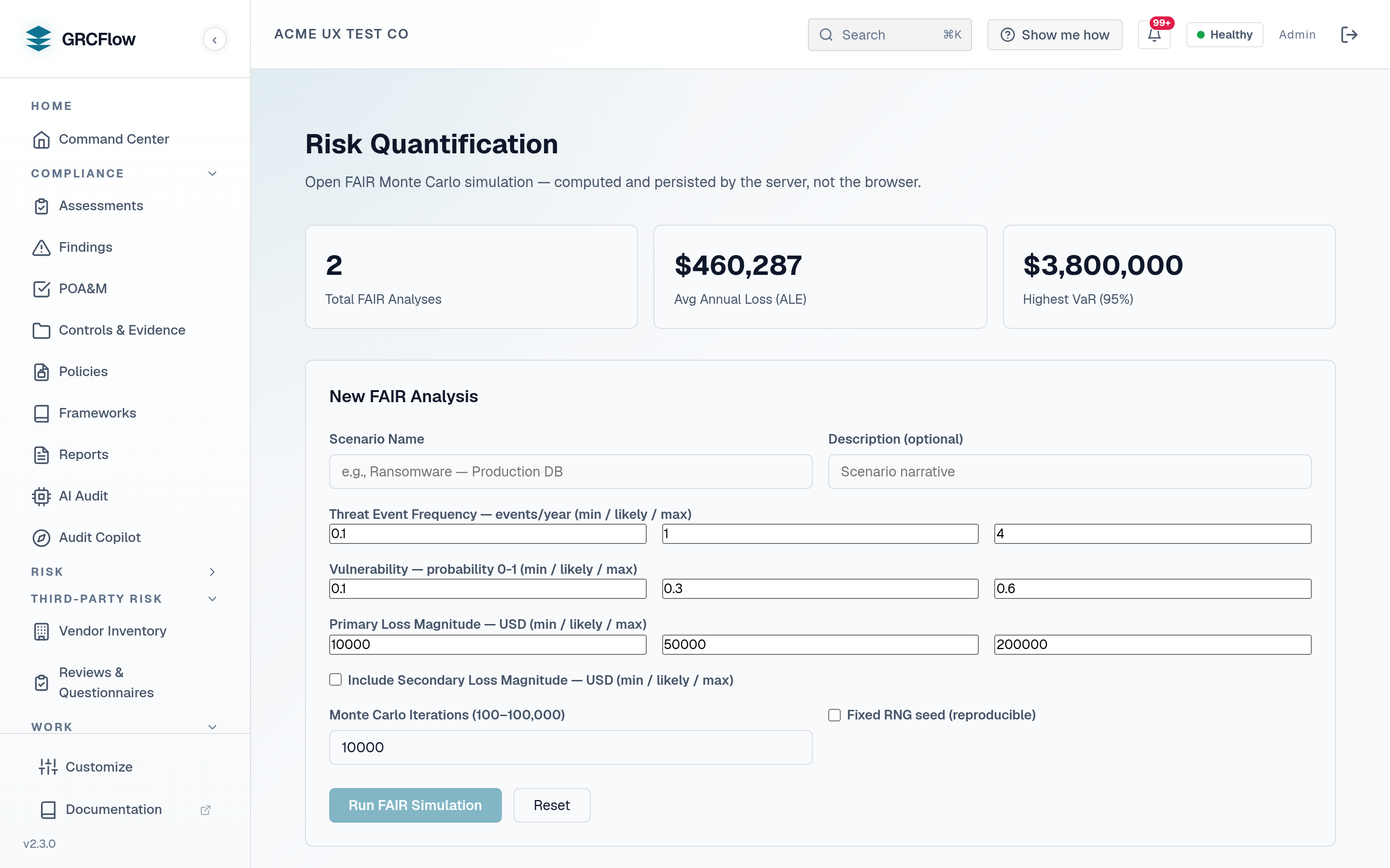 The GRCFlow Risk Quantification screen: an Open FAIR Monte Carlo analysis form with threat event frequency, vulnerability and primary loss magnitude ranges, above Total FAIR Analyses, Average Annual Loss (ALE) and Highest VaR summary figures.