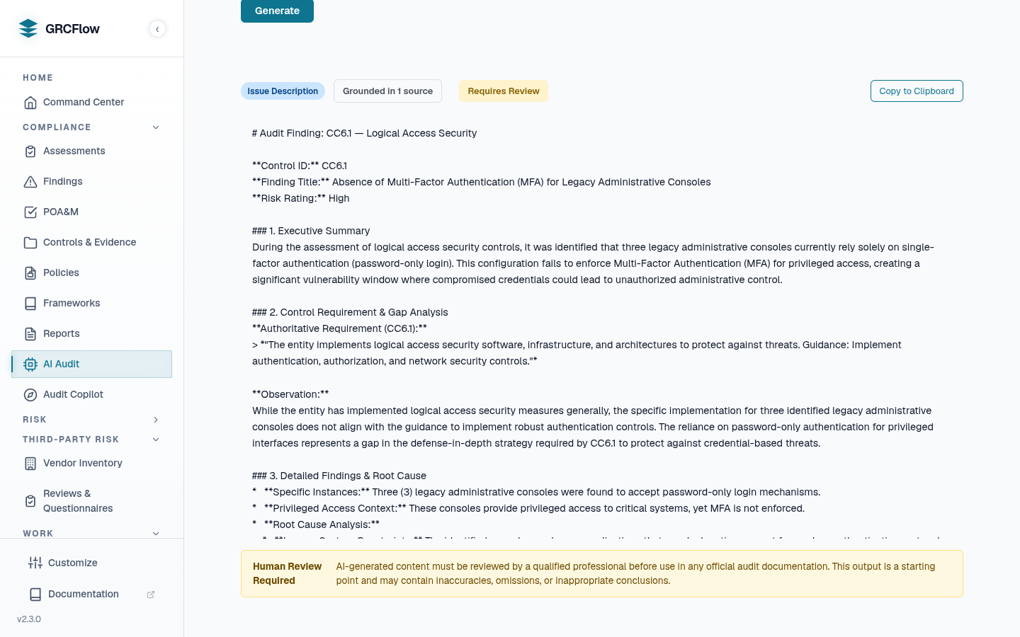 A GRCFlow AI audit finding with an executive summary and root-cause detail, marked with a Human Review Required banner before it can be accepted.